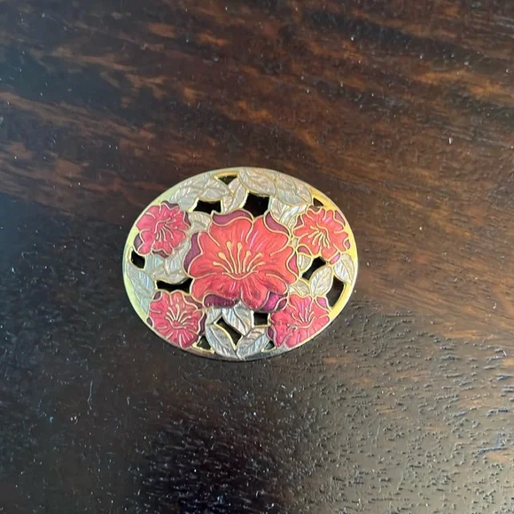 Fish and Crown Oval Gold Tone Cloisonne Floral Brooch with Cutouts - Picture 5 of 5